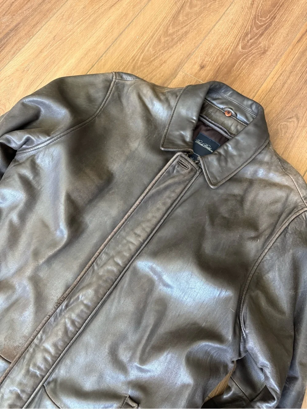 Brooks Brothers Leather Car CoatJacket Men's L Brown Zip Up Wool Lined